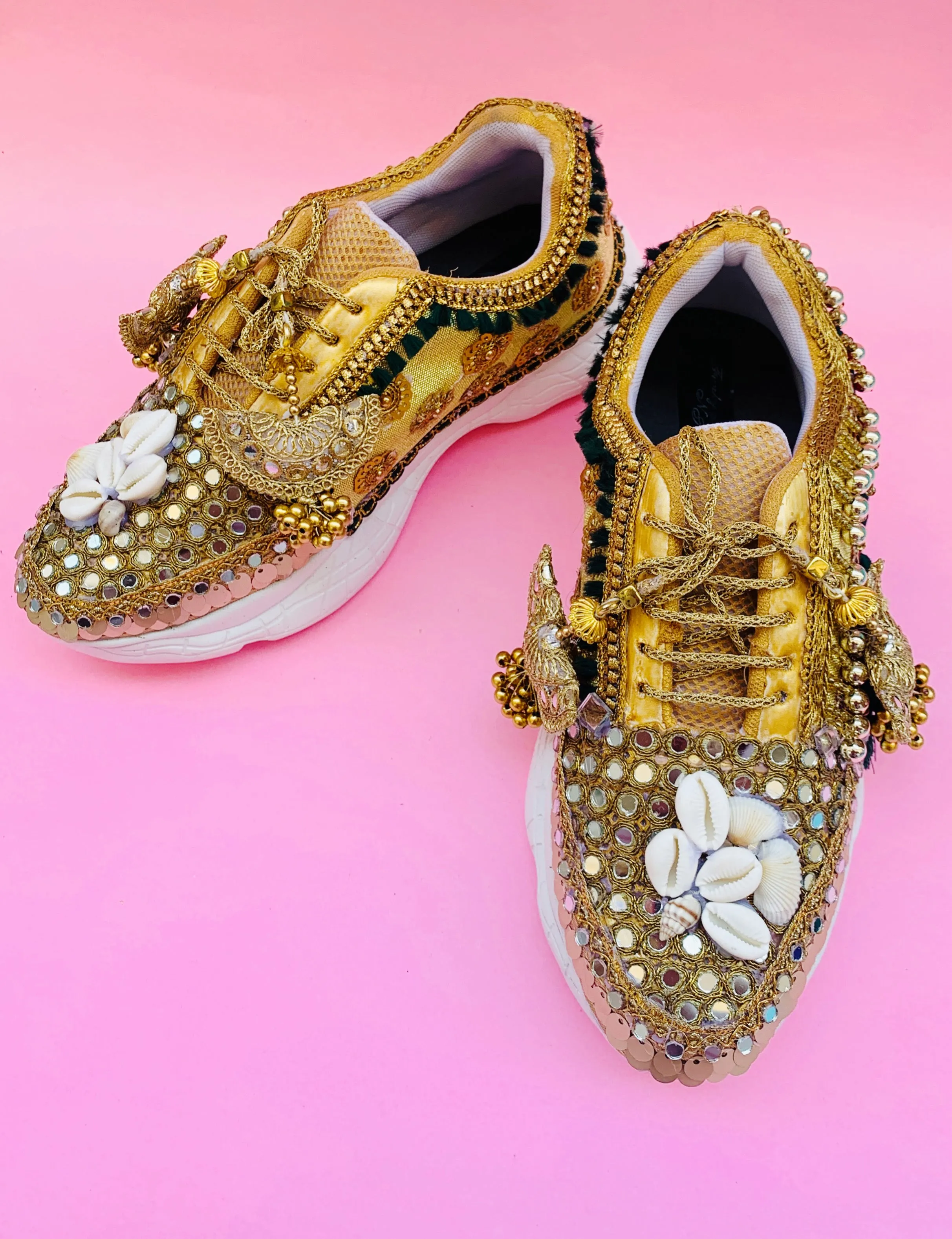 FUNKY N TRENDY hand crafted golden bridal sneakers/ gold sneakers / green sneakers / green and gold sneakers / shells sneakers / golden mirror sneakers