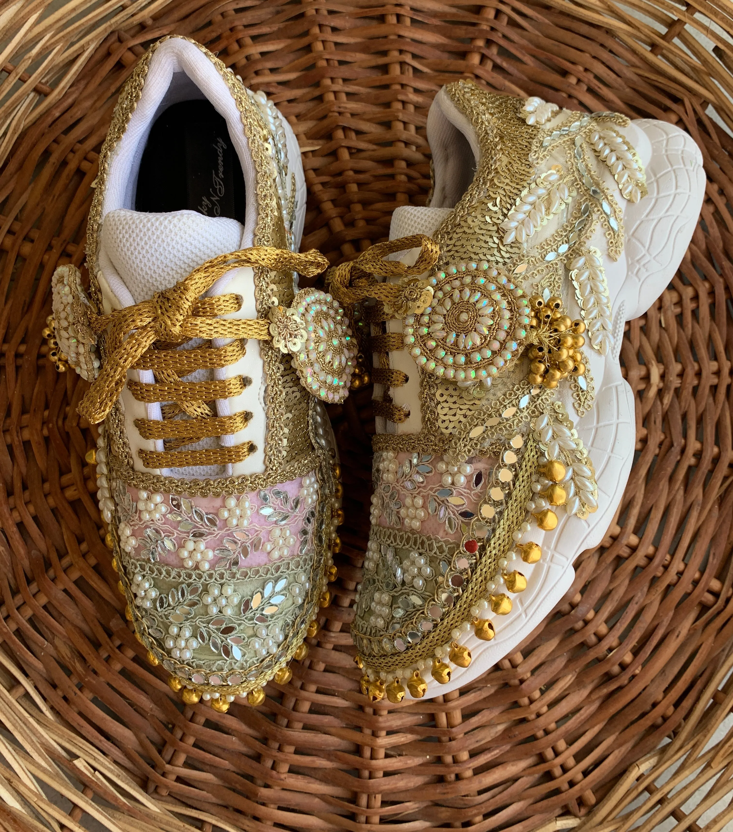 FUNKY N TRENDY pastel sneakers for brides /pink and green embroidered sneakers/ handcrafted sneakers/ golden sneakers / bridal sneakers / bridesmaid sneakers/ golden hand work sneakers/ghungaroo sneakers