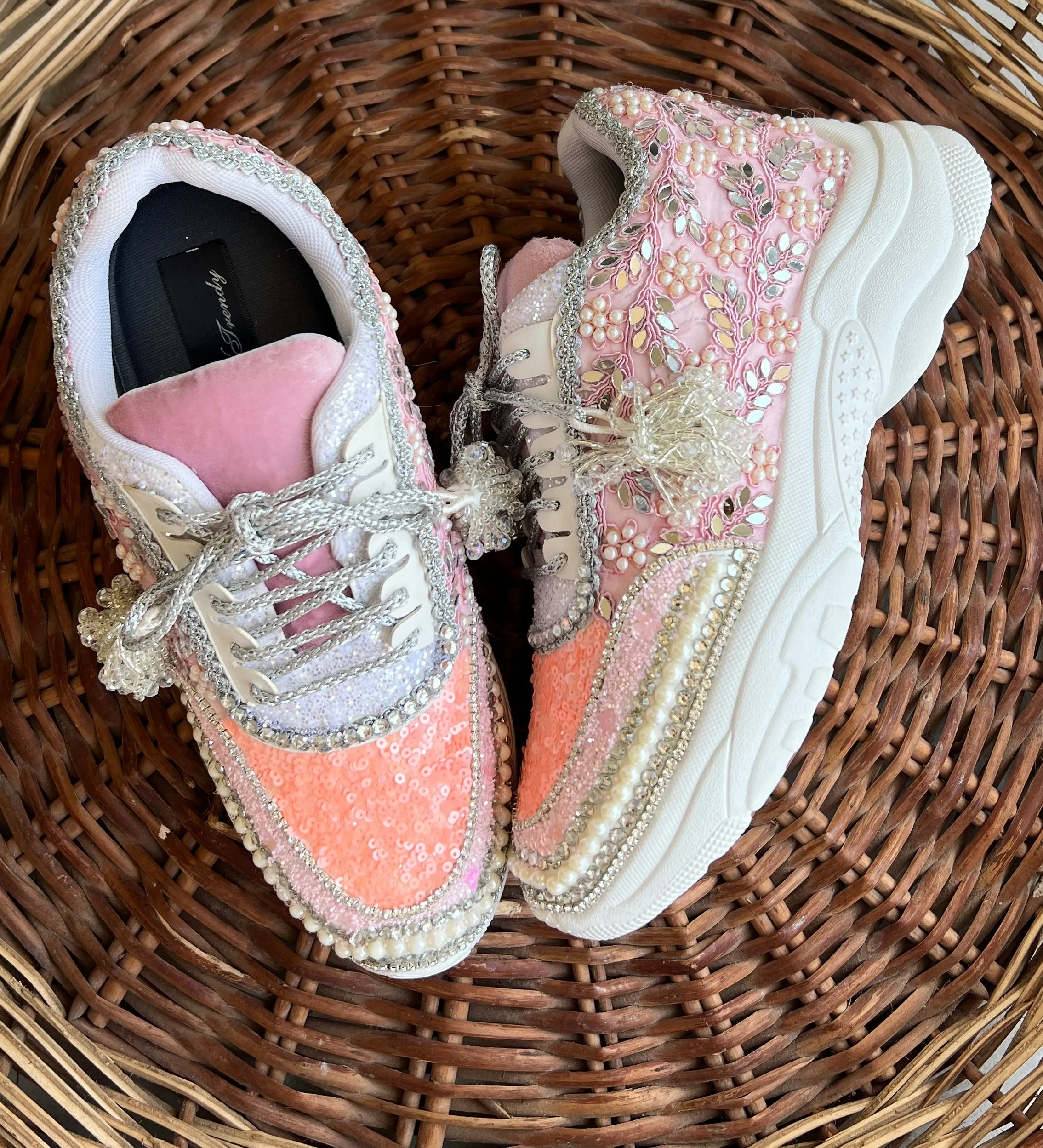 FUNKY N TRENDY peach/pink / pink embroidery sneakers with pearls detailing for brides / bridesmaid sneakers/ pink shoes / peach shoes/ bridal sneakers