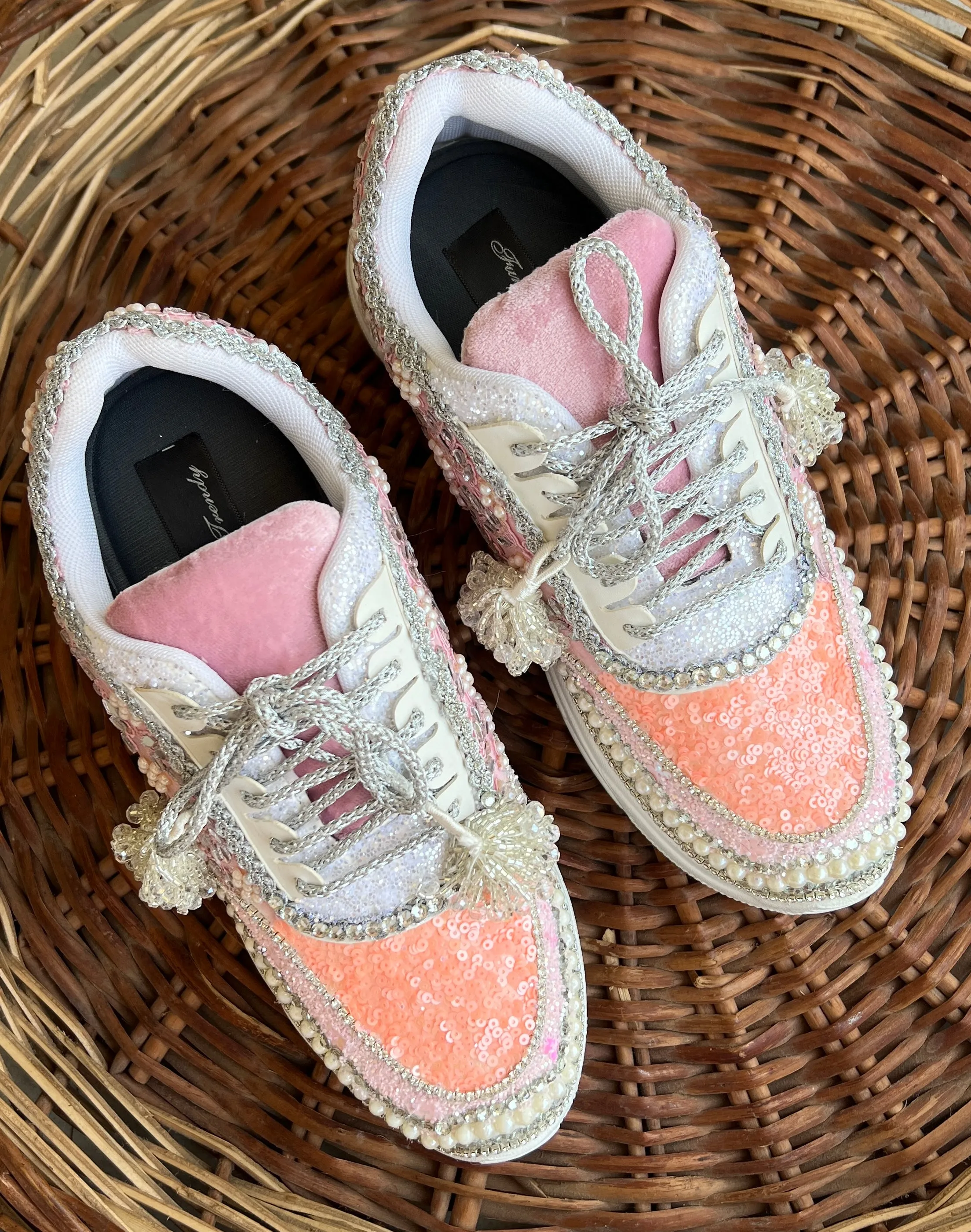 FUNKY N TRENDY peach/pink / pink embroidery sneakers with pearls detailing for brides / bridesmaid sneakers/ pink shoes / peach shoes/ bridal sneakers