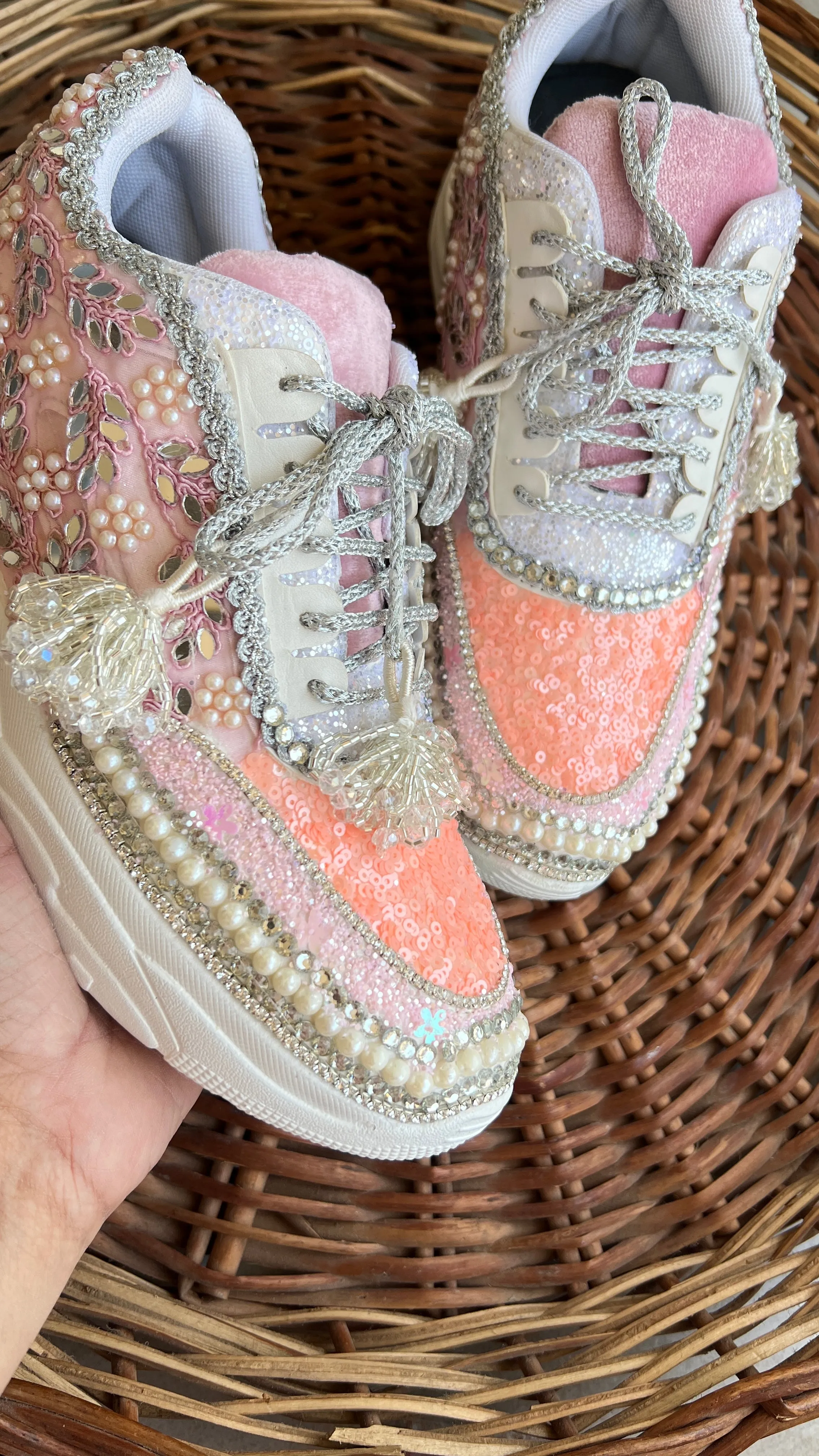 FUNKY N TRENDY peach/pink / pink embroidery sneakers with pearls detailing for brides / bridesmaid sneakers/ pink shoes / peach shoes/ bridal sneakers