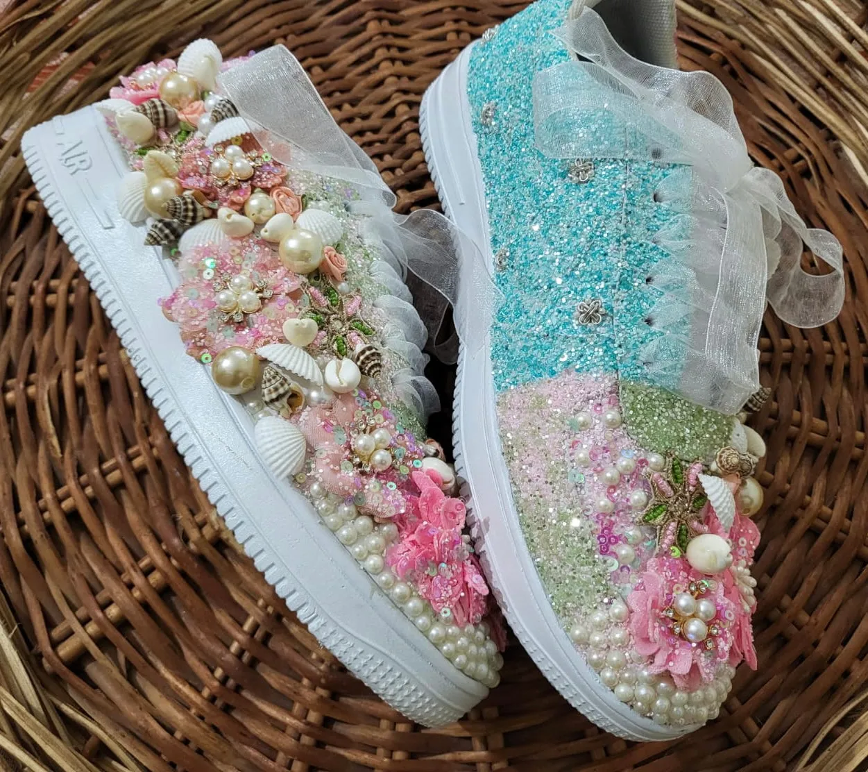 FUNKY N TRENDY pink/white floral butterfly theme sneakers with shells pearls detailing for brides / bridesmaids / bridal sneakers / bridesmaid sneakers / bridal shoes/ pink and blue shoes