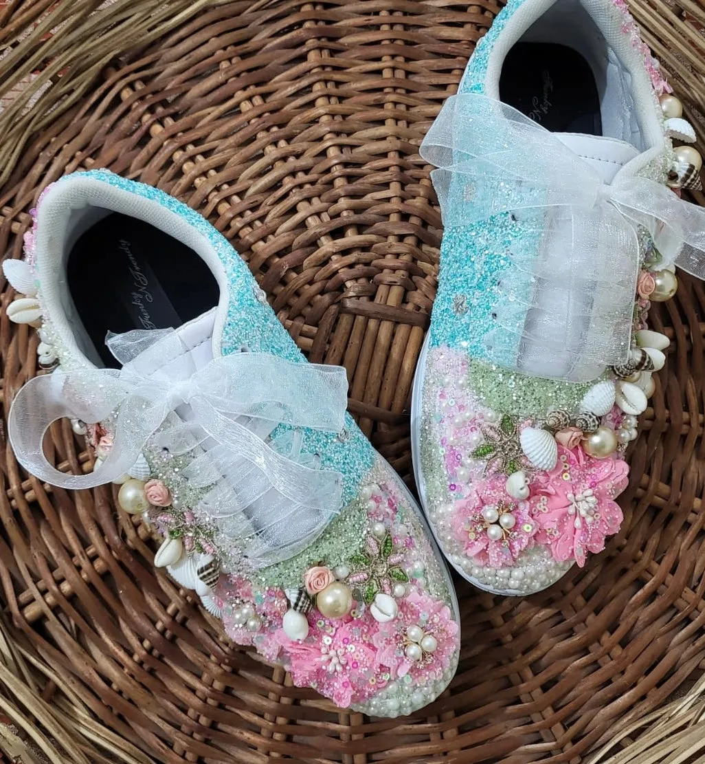 FUNKY N TRENDY pink/white floral butterfly theme sneakers with shells pearls detailing for brides / bridesmaids / bridal sneakers / bridesmaid sneakers / bridal shoes/ pink and blue shoes