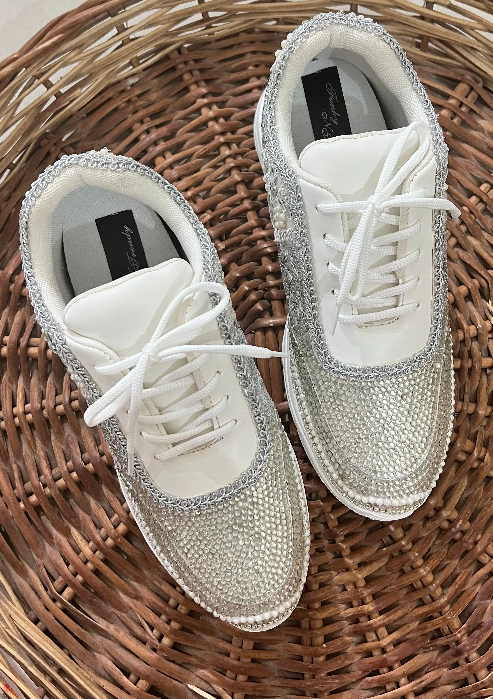 FUNKY N TRENDY rhinestone work bridal sneakers / bridesmaid sneakers/ silver sneakers / silver shoes/ rhinestone sneakers mirror shoes/ bride shoes/ embroidered shoes