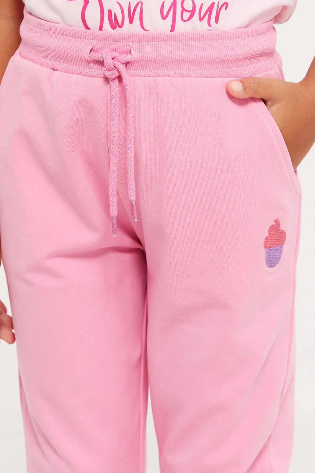 Girls Pink Embroidered Track Pants