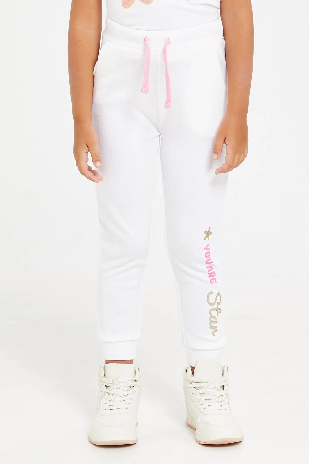 Girls White Placement Print Track Pants