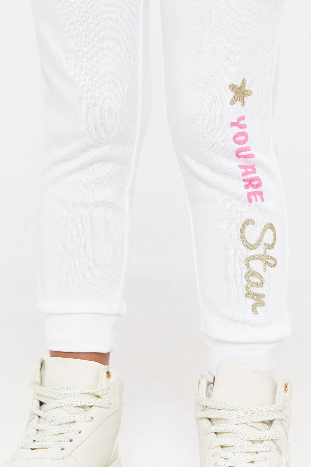 Girls White Placement Print Track Pants