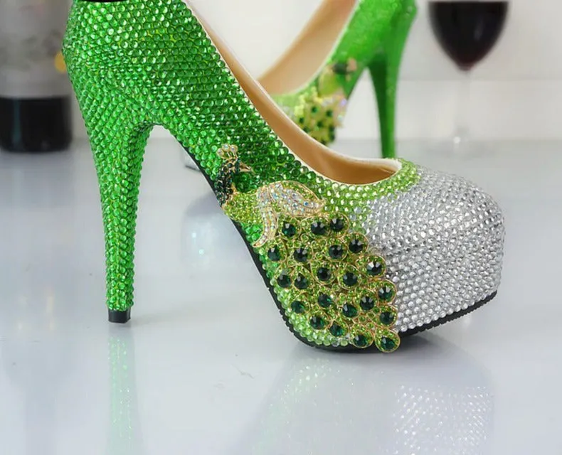 Green Water Peacock Round Toe  High Heeled Crystal Bridesmaid Wedding Shoes