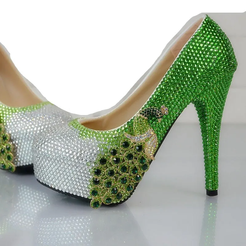 Green Water Peacock Round Toe  High Heeled Crystal Bridesmaid Wedding Shoes