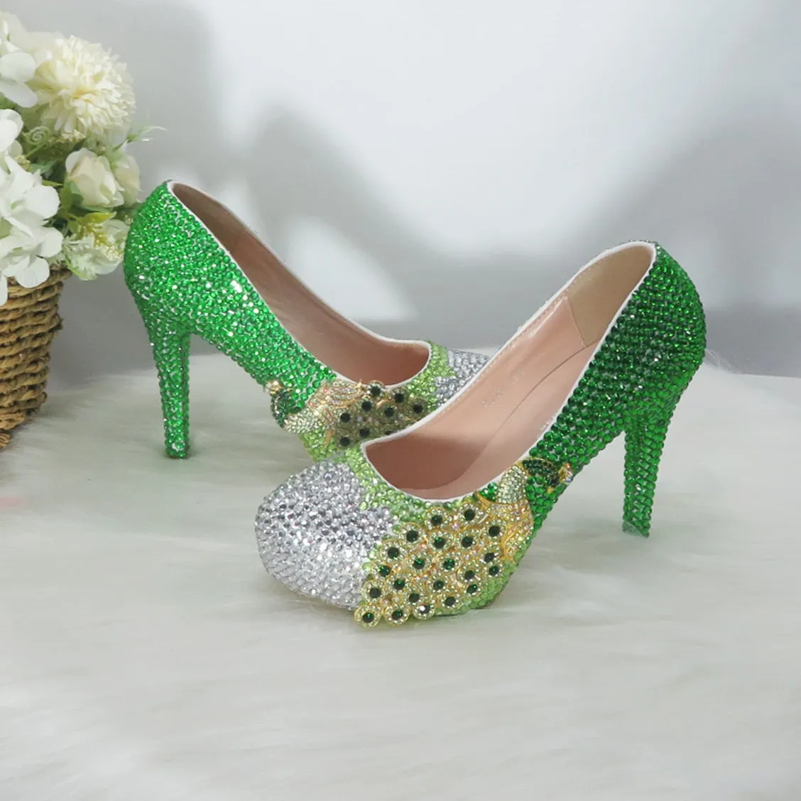 Green Water Peacock Round Toe  High Heeled Crystal Bridesmaid Wedding Shoes