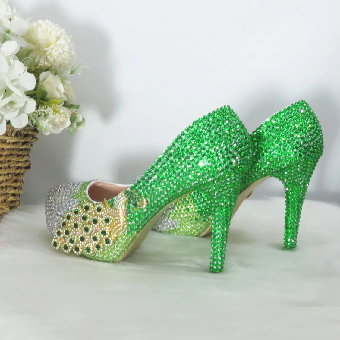 Green Water Peacock Round Toe  High Heeled Crystal Bridesmaid Wedding Shoes