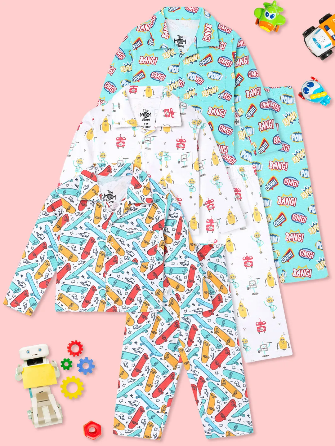 Kids Pajama Set Combo of 3-Ready To Skate, Robo Club & Mighty Fighter