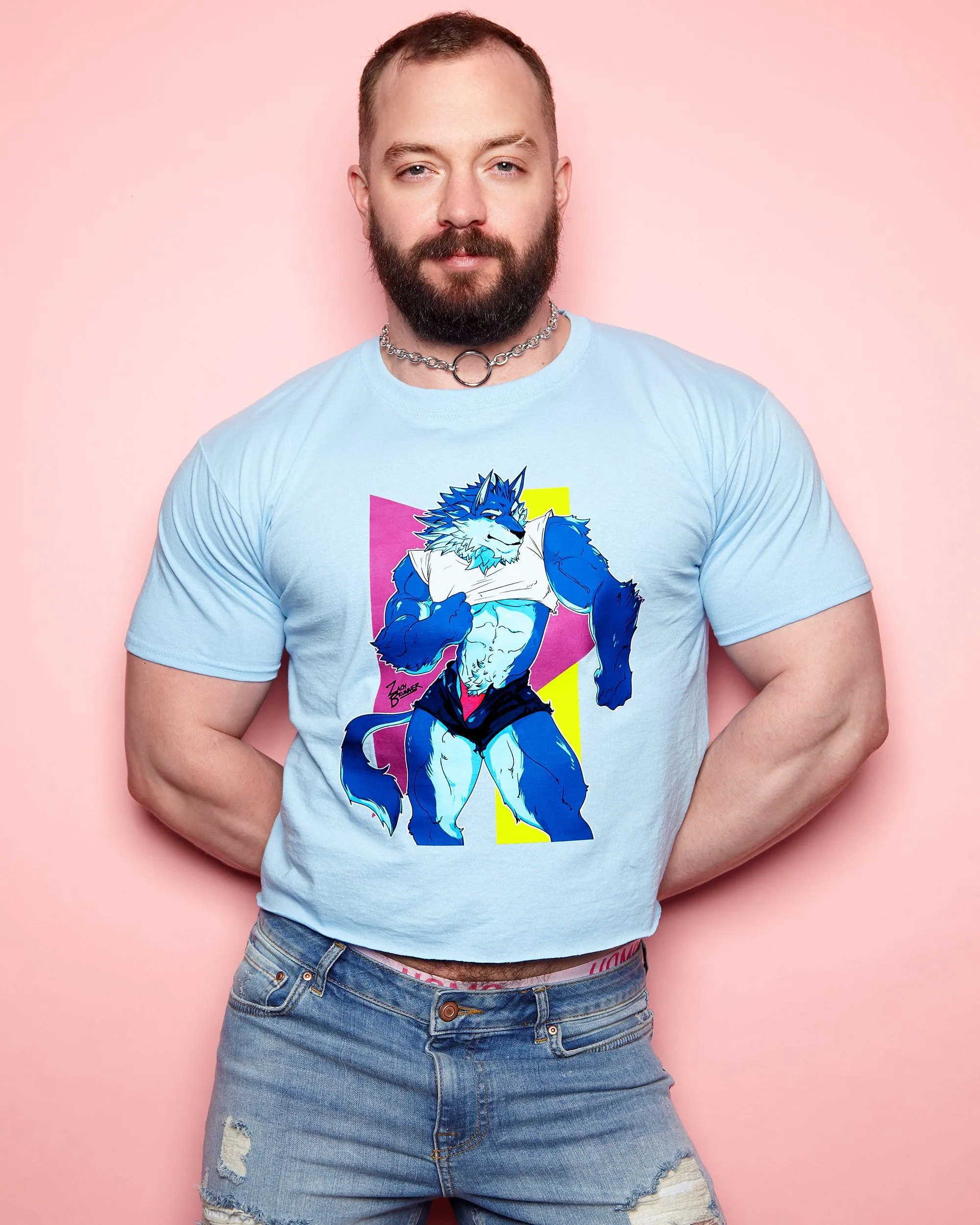 Magnus the wolf on blue - mens cropped tee / crop top