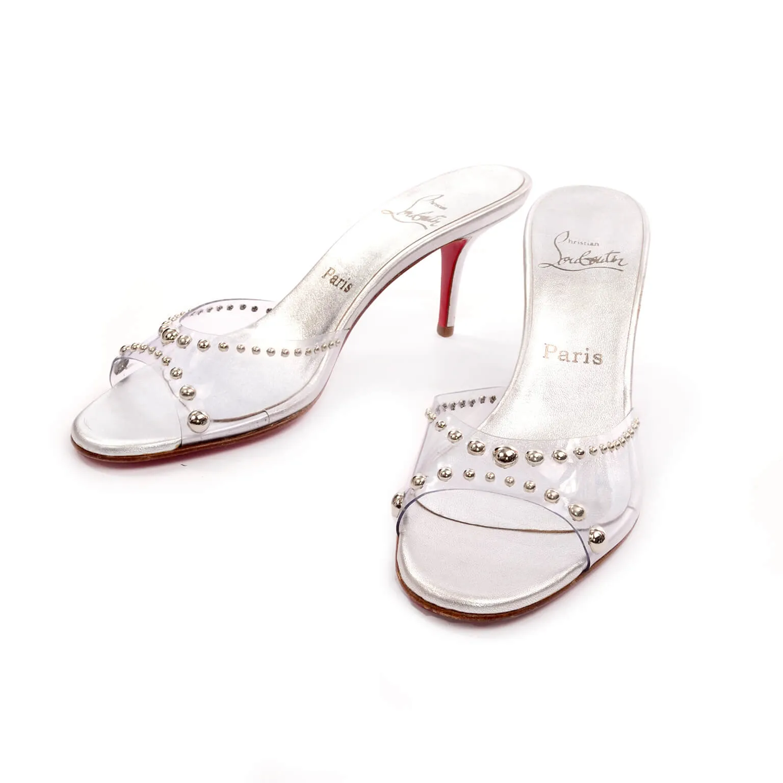 Never Worn Christian Louboutin Open Toe Slides w Silver Studs in PVC Sz 39