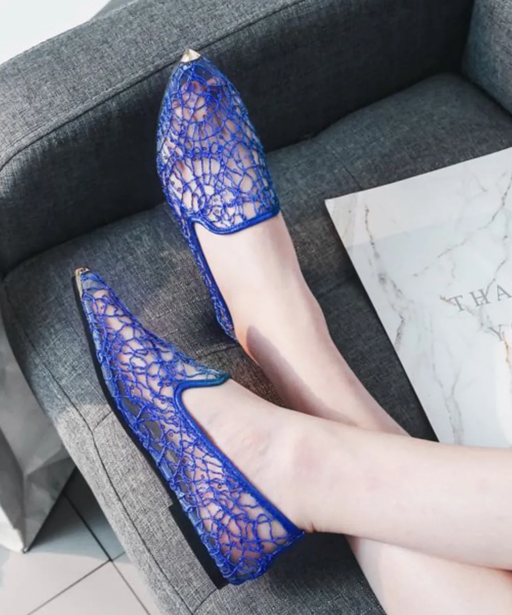 New Fashion Blue Breathable Hollow out Flat Shoes Pointed Toe XC1052