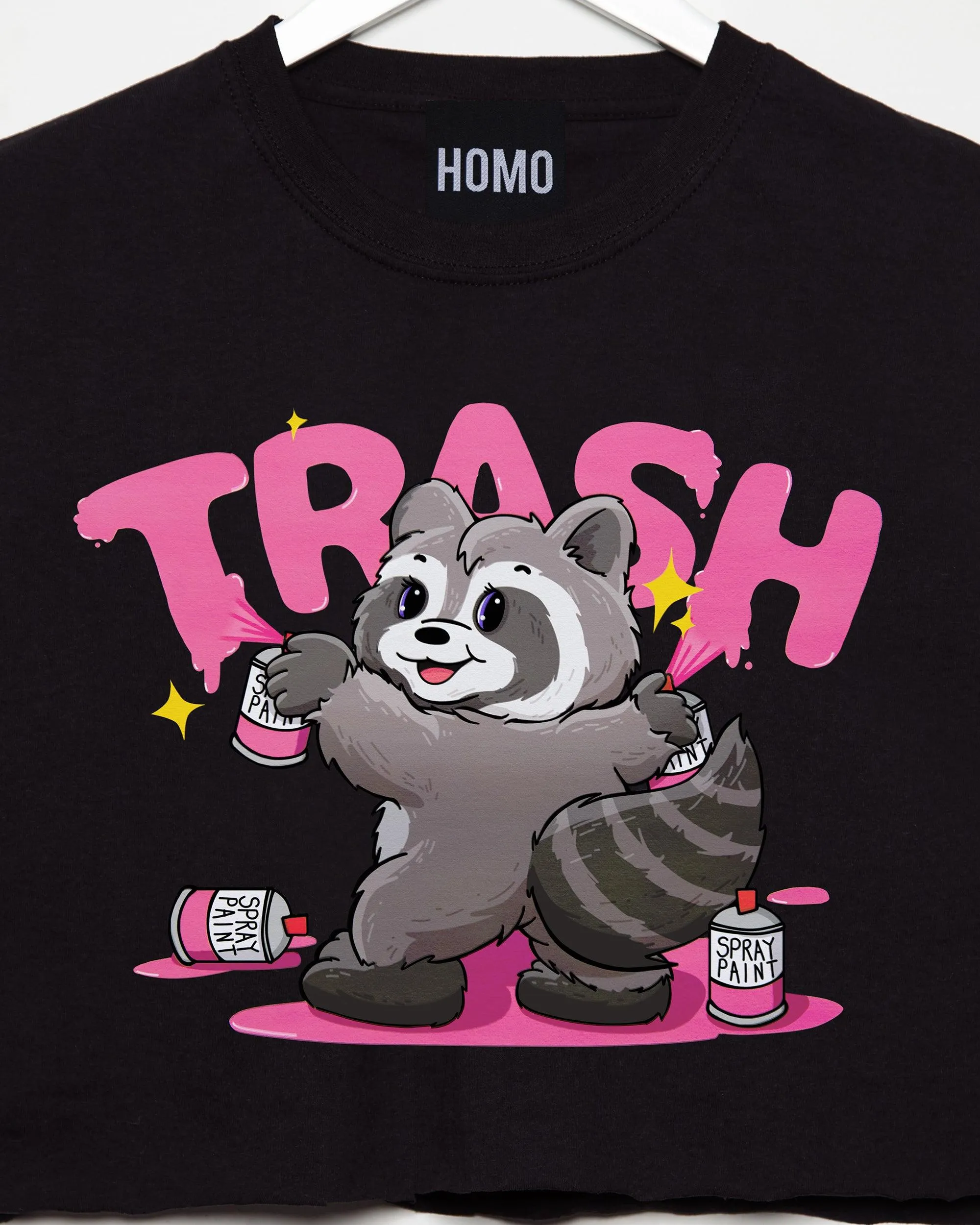 Norman the Racoon Spray Painting Trash on Black -  crop top