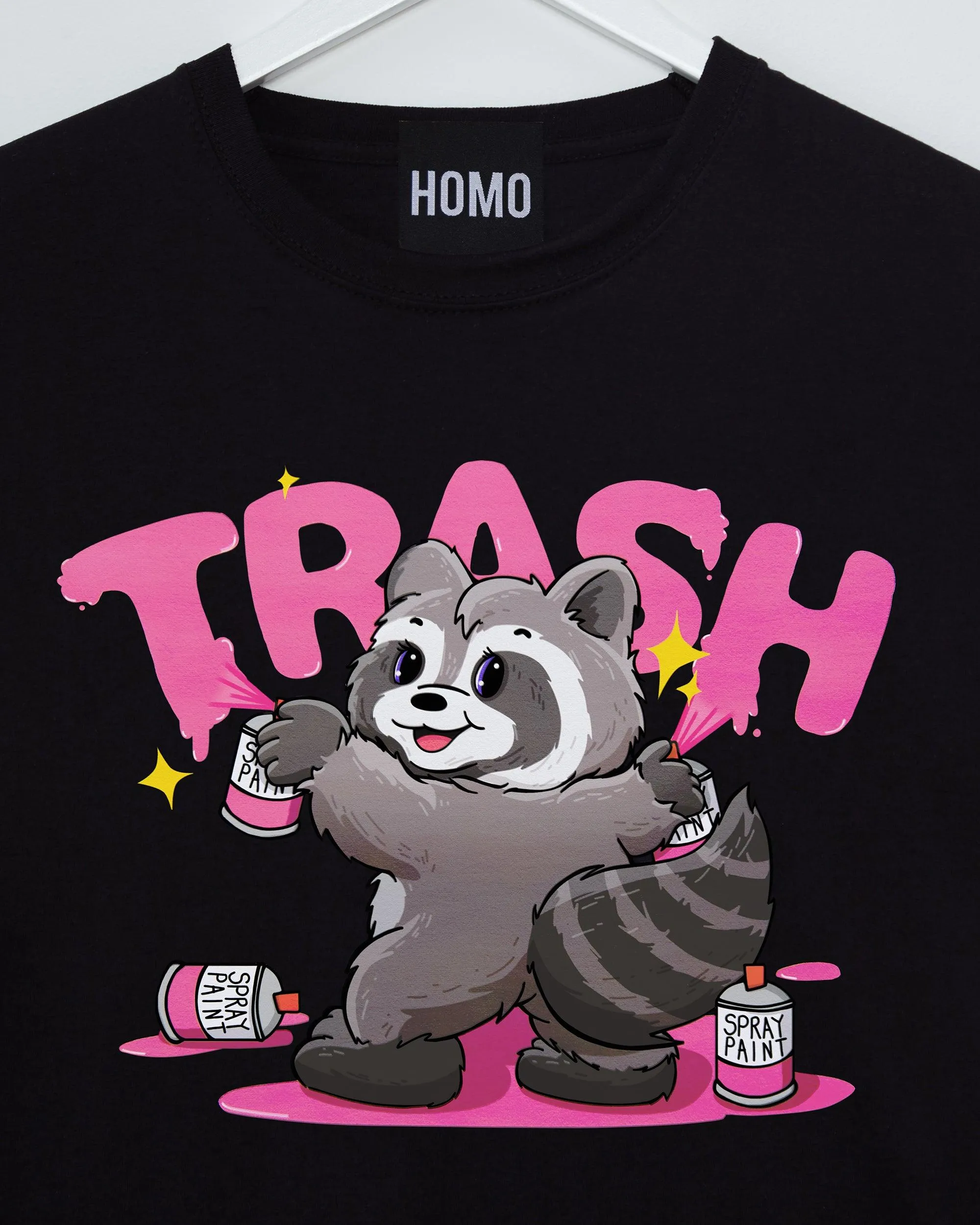 Norman the Racoon Spray Painting Trash on Black - tshirt