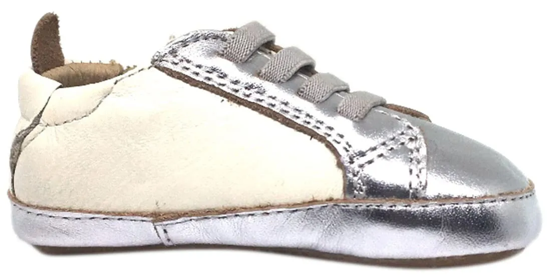 Old Soles Boy's and Girl's Silver White Leather Gig Shoe Stripe Elastic Lace Slip On Crib Walker Baby Shoe