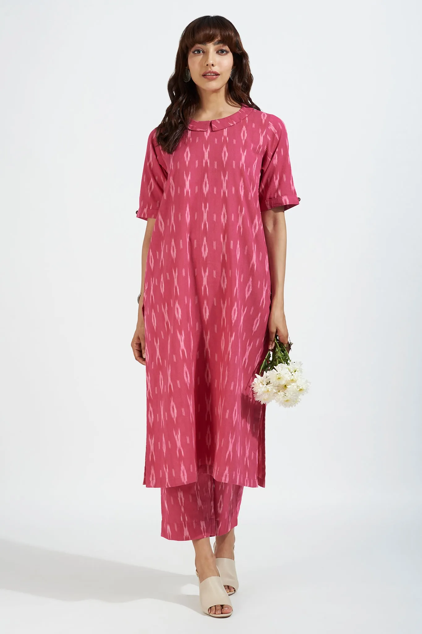 peter pan collar kurta with side & back buttons - berry pink & ivory romance