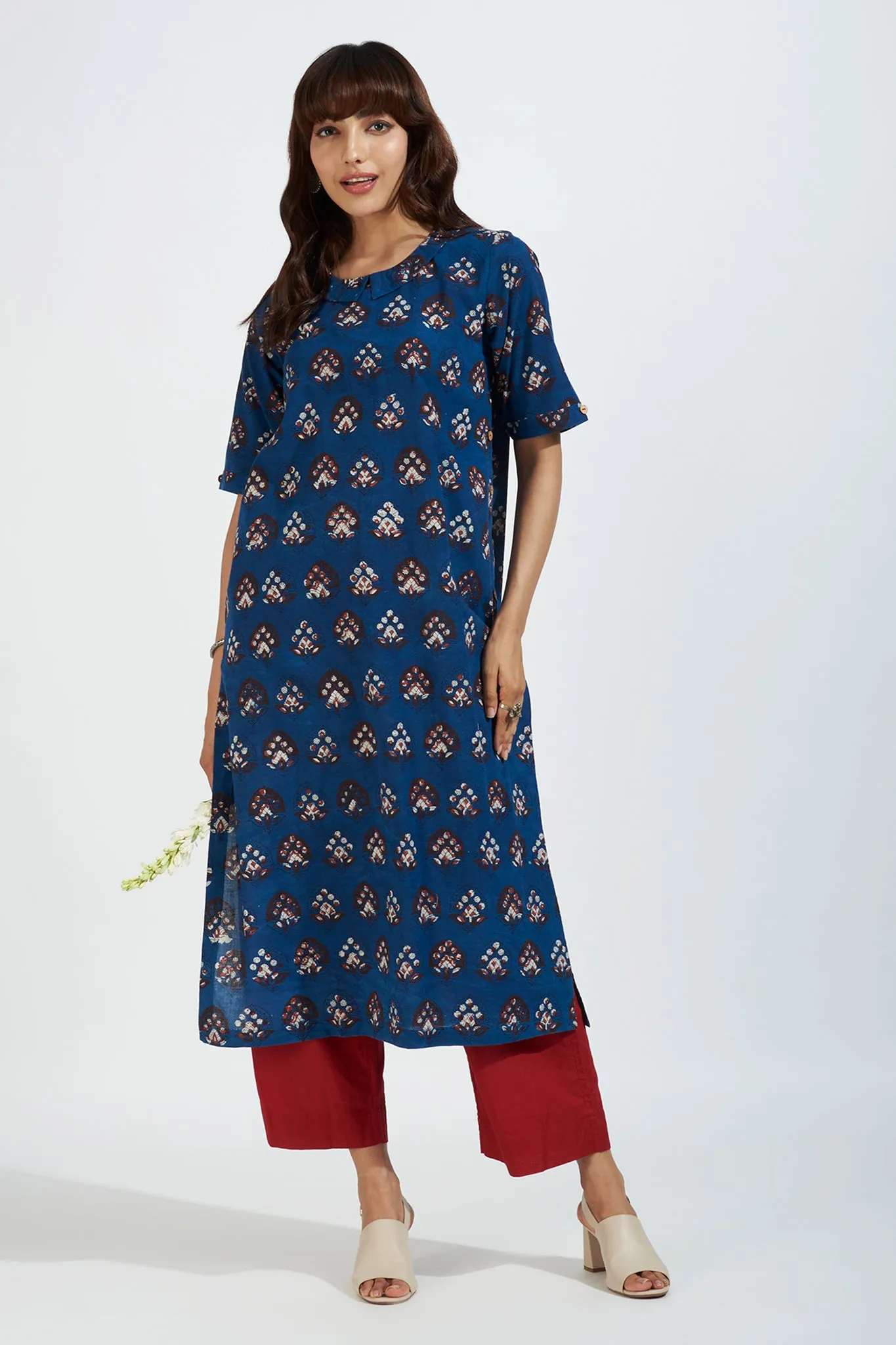 peter pan collar kurta with side & back buttons - nautical delight & burgundy botanics