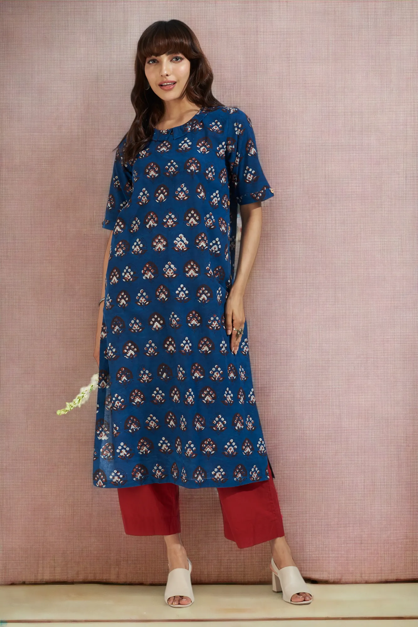 peter pan collar kurta with side & back buttons - nautical delight & burgundy botanics