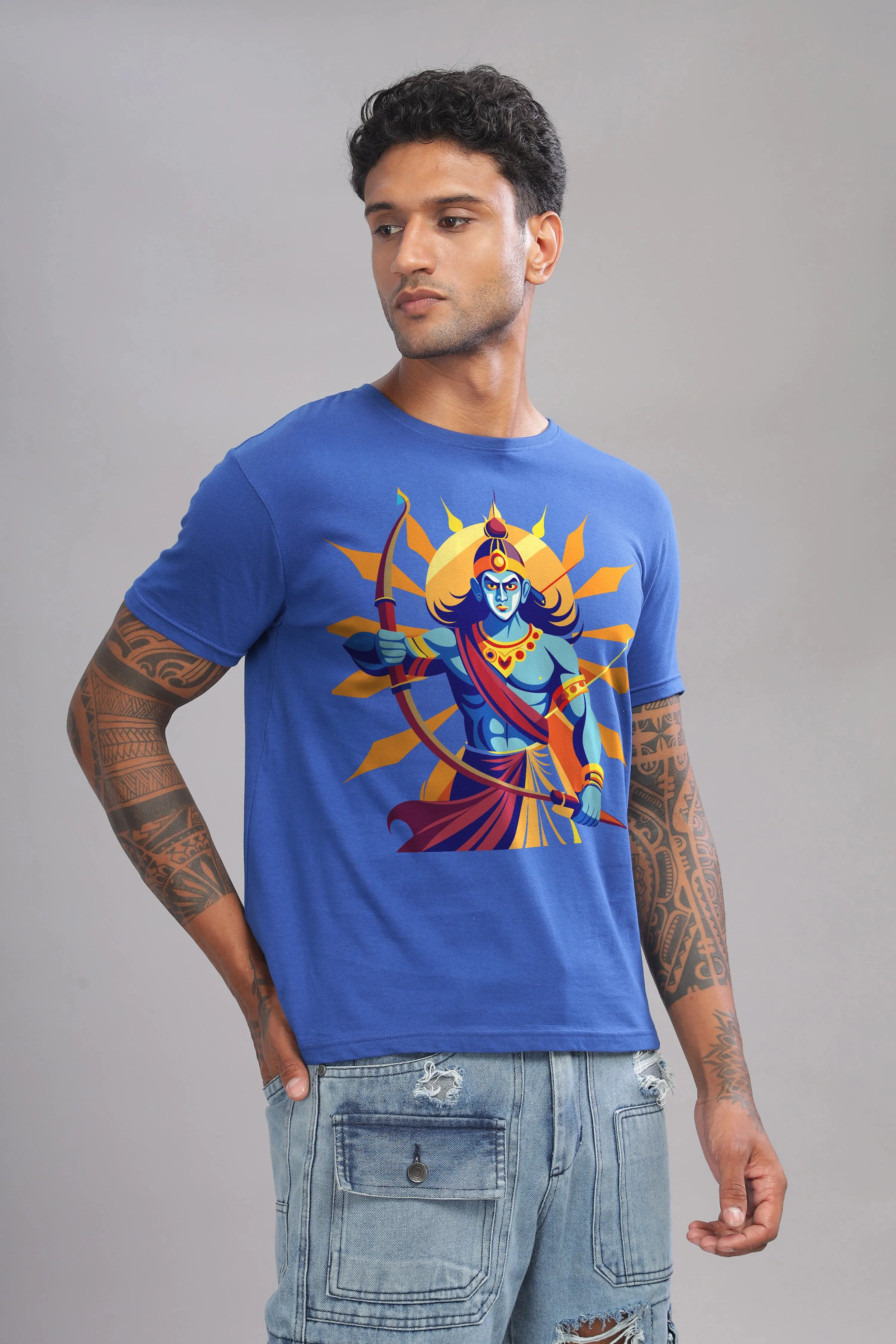 Roaring Ram - 100% Cotton Royal Blue Crewneck Half Sleeve Unisex T-Shirt