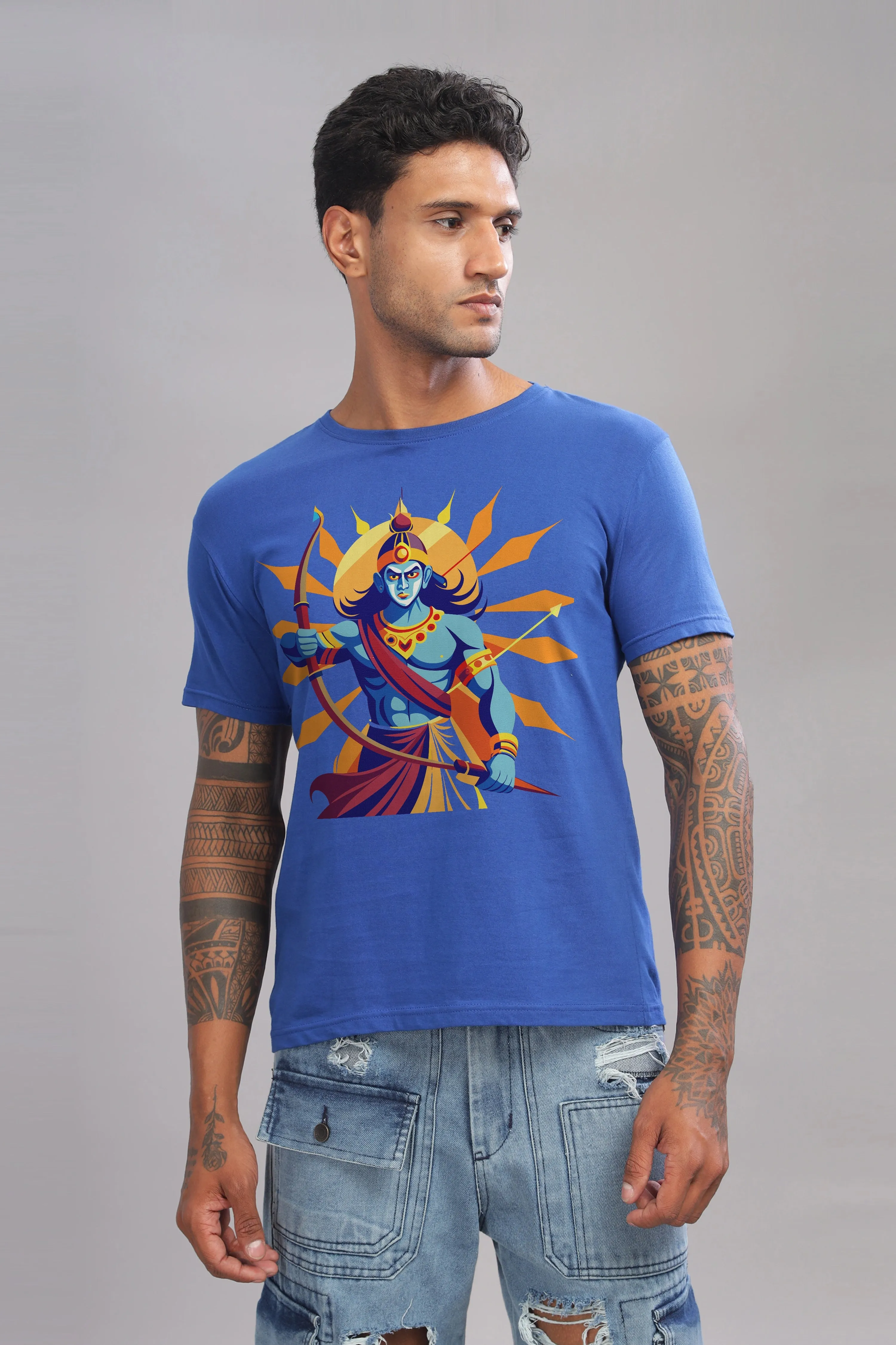 Roaring Ram - 100% Cotton Royal Blue Crewneck Half Sleeve Unisex T-Shirt