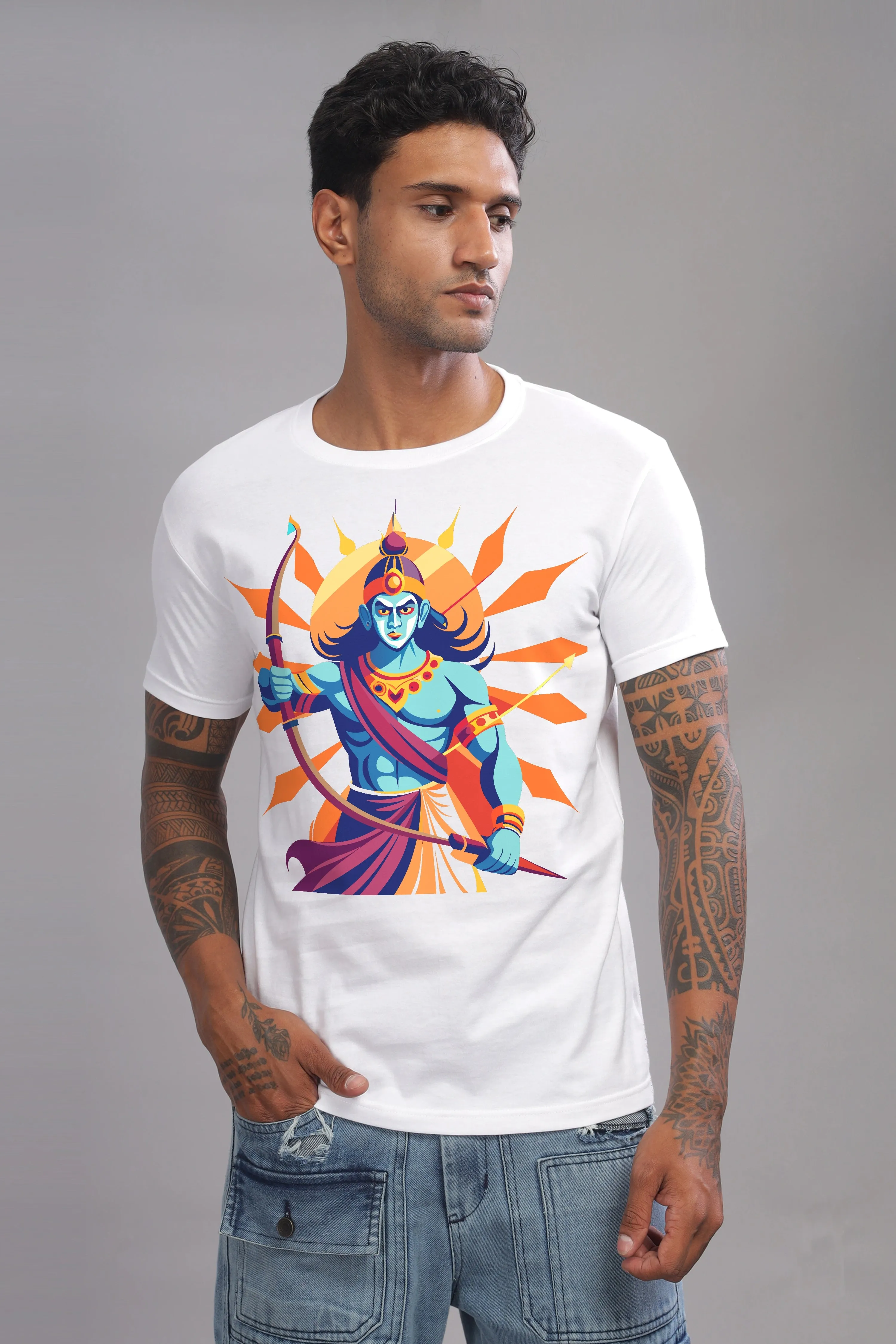 Roaring Ram - 100% Cotton White Crewneck Half Sleeve Unisex T-Shirt