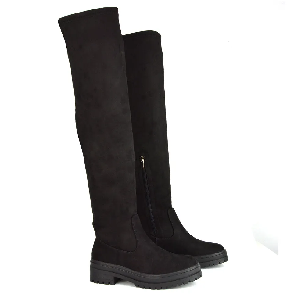 Rosalia Flat Chunky Sole Over the Knee Thigh High Long Boots in Black Faux Suede