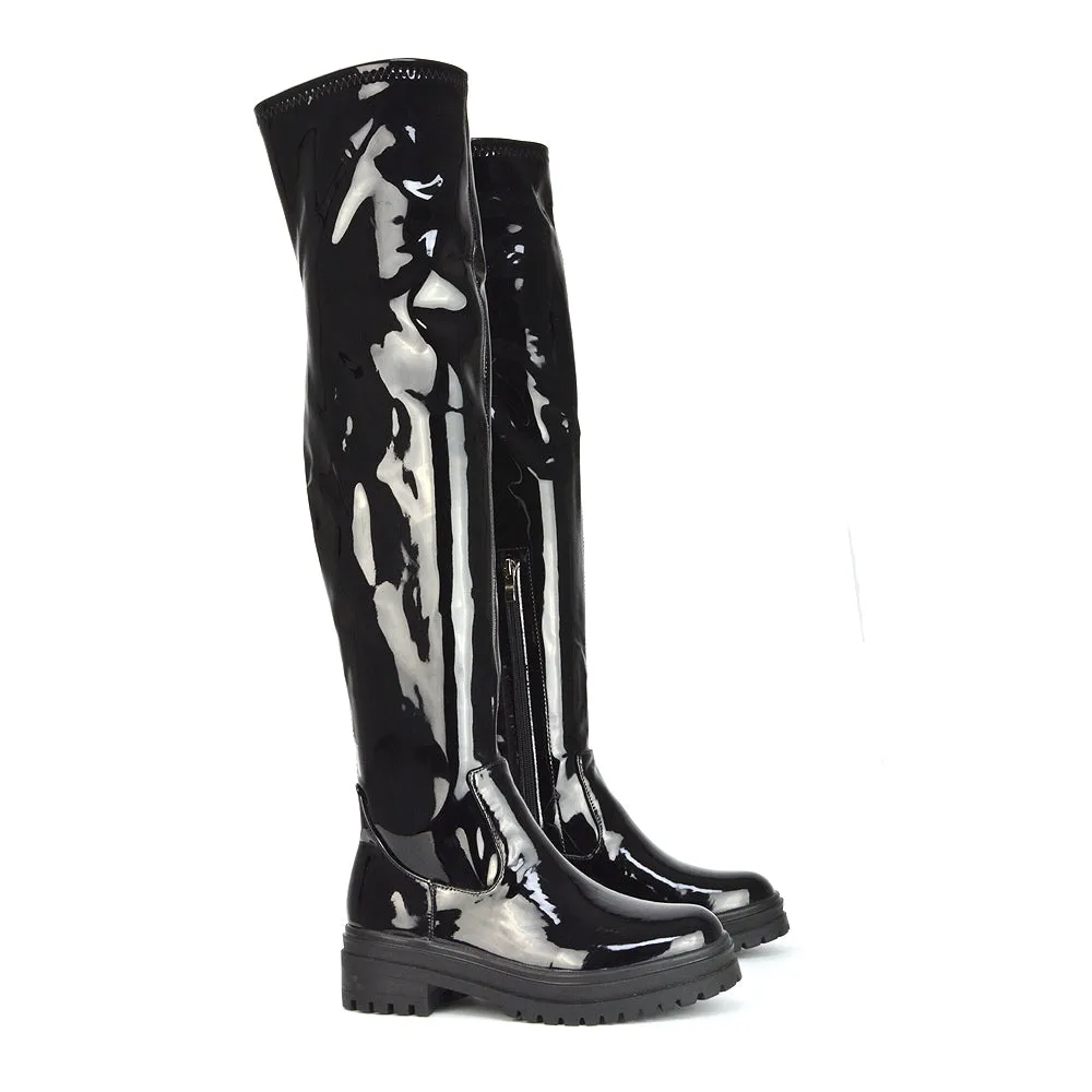 Rosalia Flat Chunky Sole Over the Knee Thigh High Long Boots in Black Faux Suede