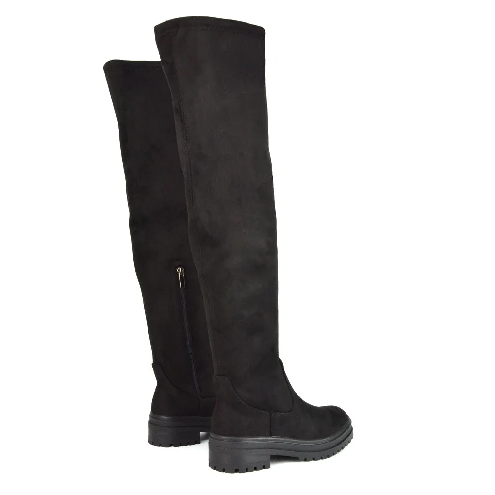 Rosalia Flat Chunky Sole Over the Knee Thigh High Long Boots in Black Faux Suede