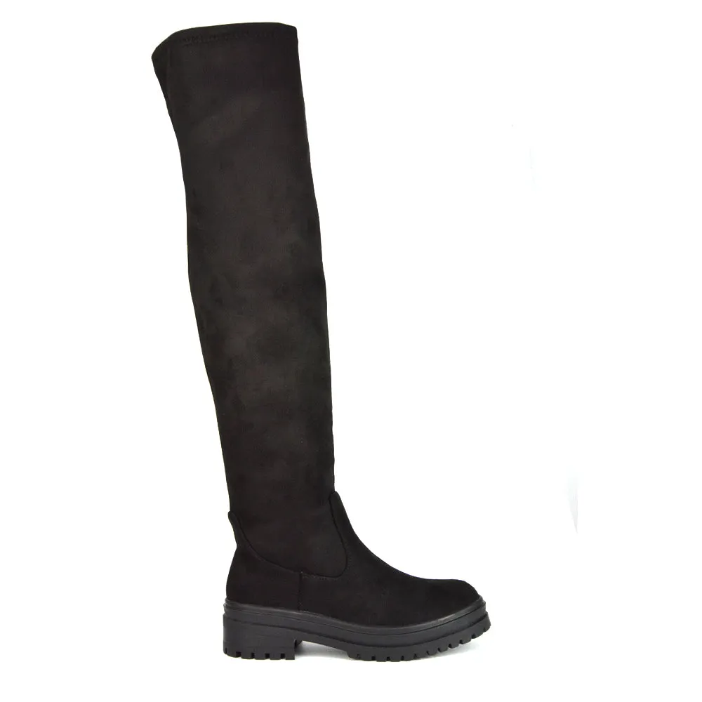 Rosalia Flat Chunky Sole Over the Knee Thigh High Long Boots in Black Faux Suede