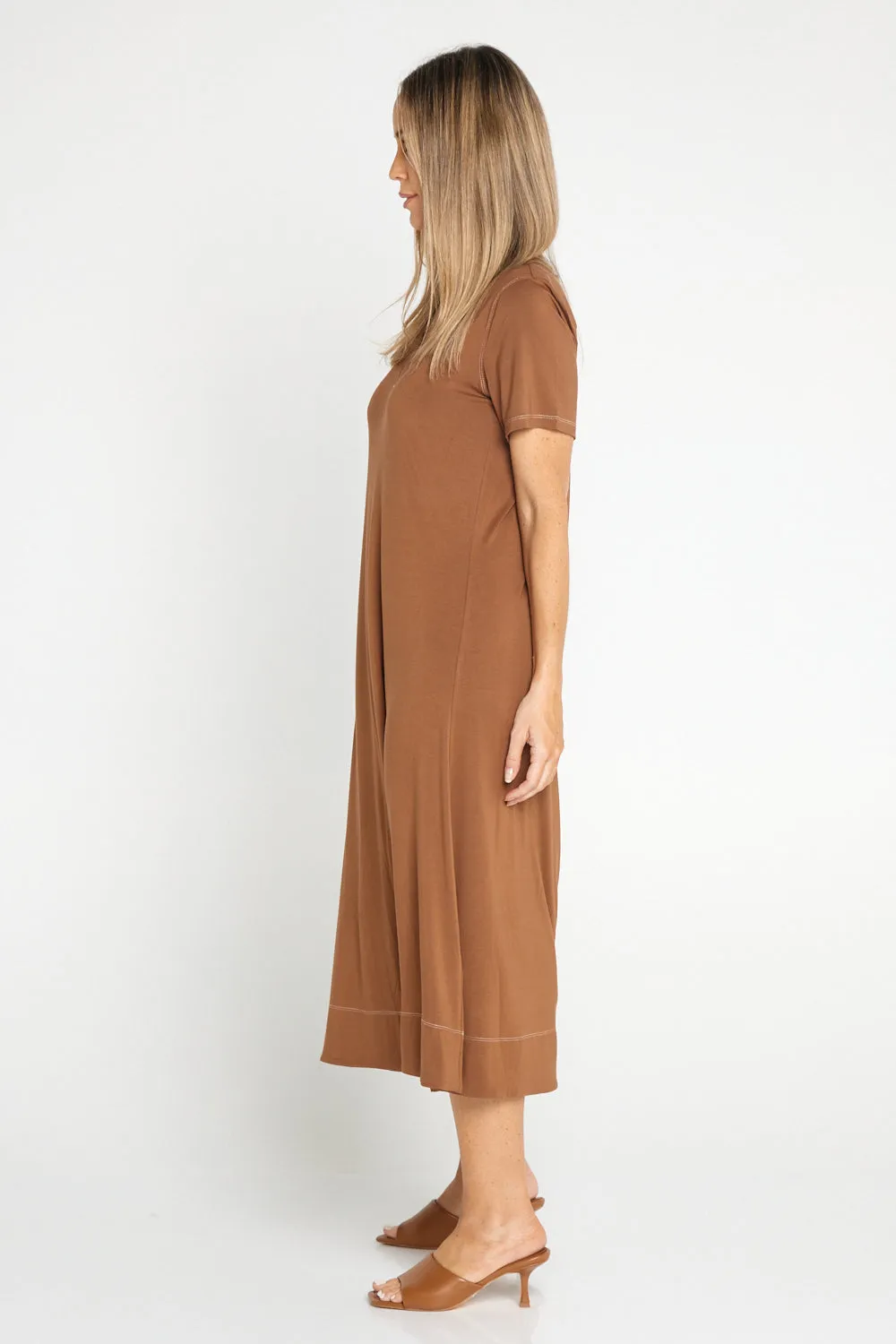 Short Sleeve Contrast Stitch Dress - Mocha