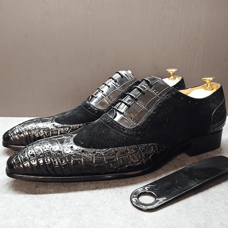 Solid Patchwork Crocodile Pattern Lace-Up Shoes