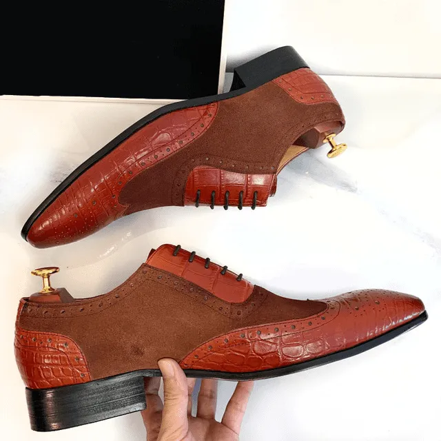 Solid Patchwork Crocodile Pattern Lace-Up Shoes