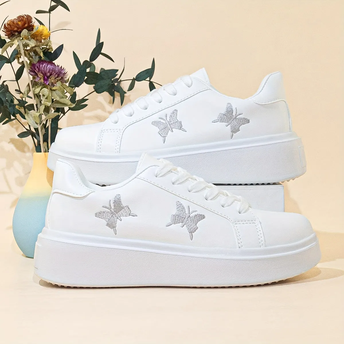 Stylish Butterfly Embroidered Casual Sneakers - Thick and Comfortable Sole, Lace-up Closure, Breathable Design, Skate Shoes for Women - Perfect for Daily Wear, Outdoor Activities, and Casual Occasions