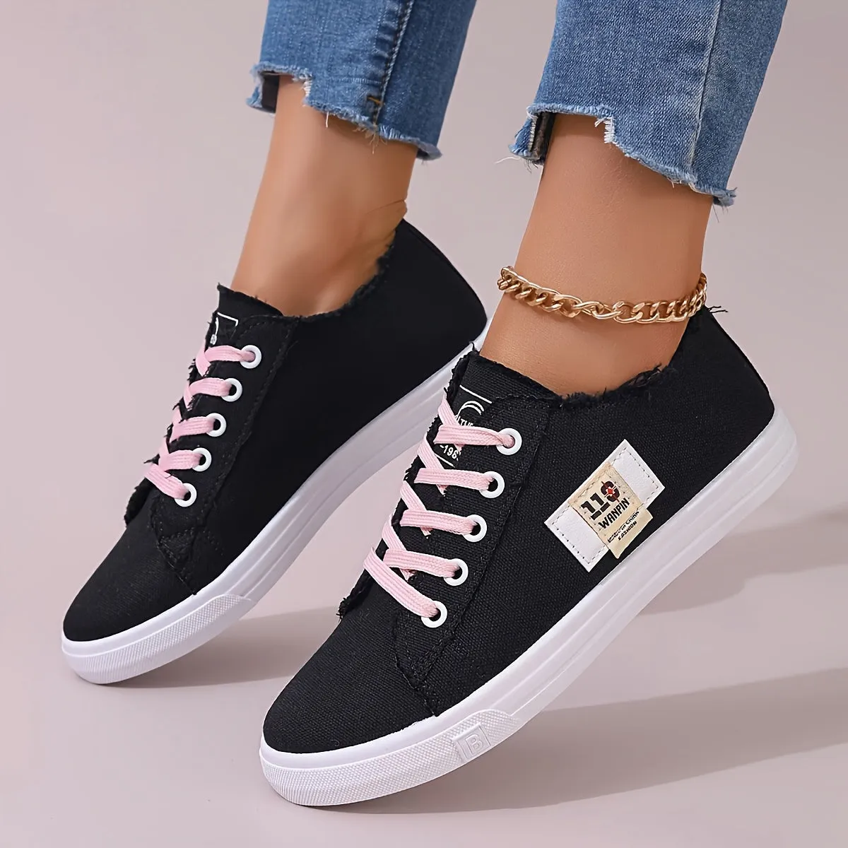 Stylish Women's Denim Lace Up Sneakers - Breathable, Lightweight, Comfortable Walking Shoes for Casual Daily Wear - Low Top Skate Shoes with Soft Insoles and Durable Outsoles