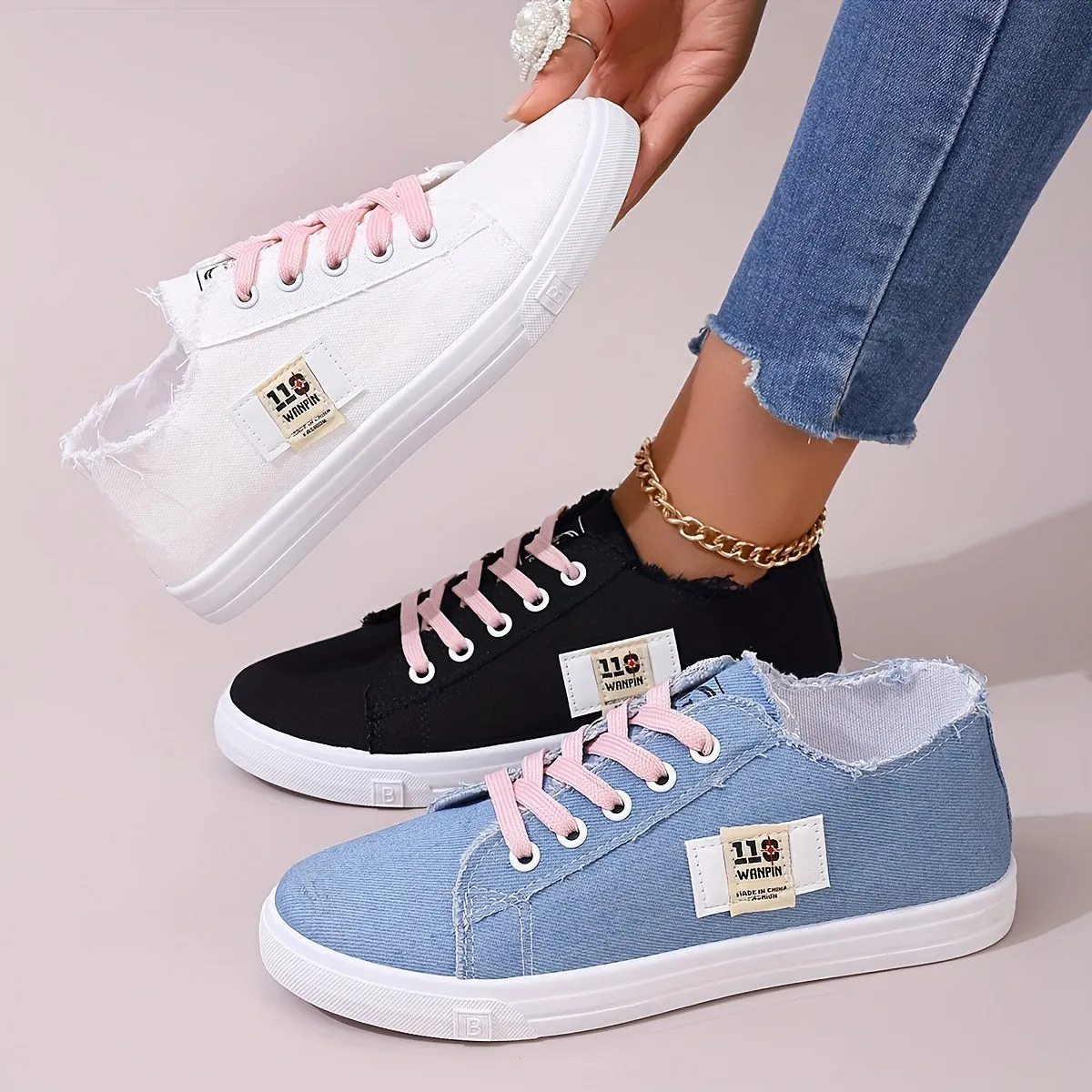 Stylish Women's Denim Lace Up Sneakers - Breathable, Lightweight, Comfortable Walking Shoes for Casual Daily Wear - Low Top Skate Shoes with Soft Insoles and Durable Outsoles