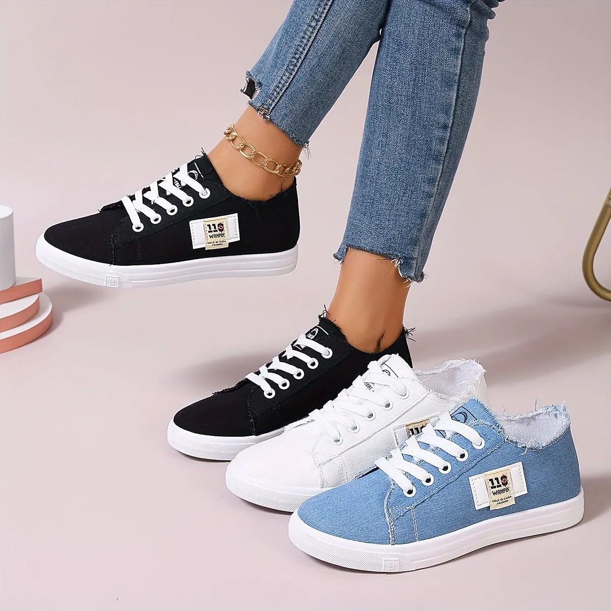 Stylish Women's Denim Lace Up Sneakers - Breathable, Lightweight, Comfortable Walking Shoes for Casual Daily Wear - Low Top Skate Shoes with Soft Insoles and Durable Outsoles