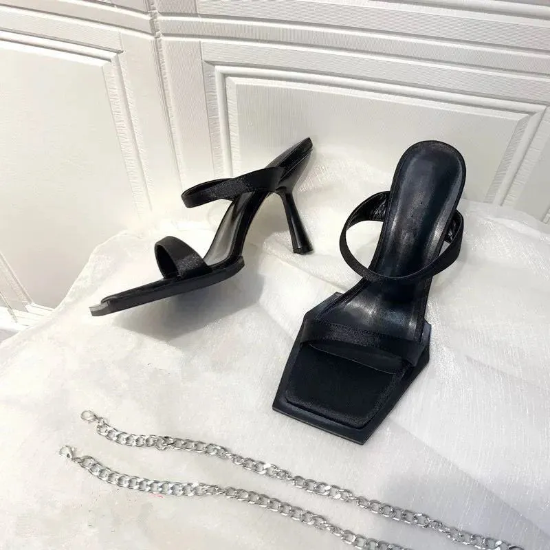 TAVIMART -  New Square Toe Chain Women Shoes Fashion Show Hand-made Women's Sandals Slip-on Thin Heels Black Rome High-heeled Sandals