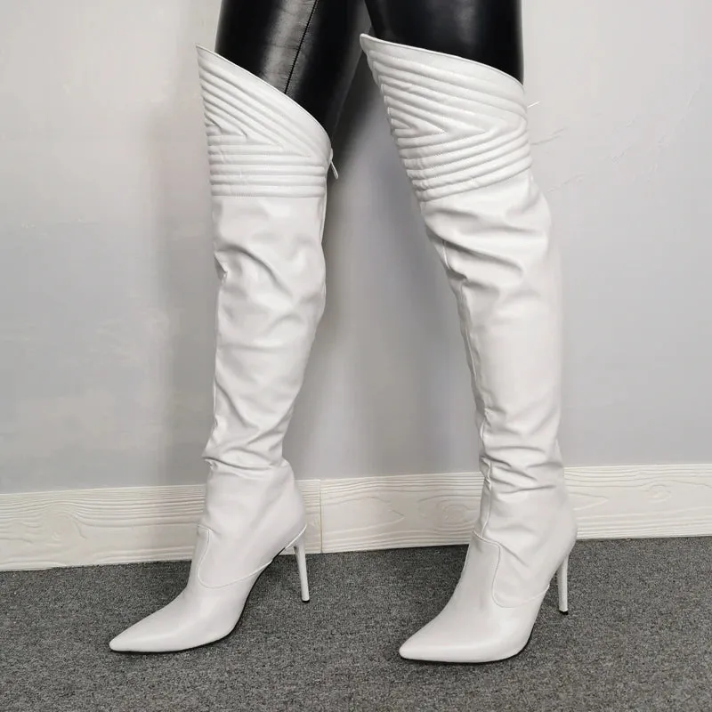 TAVIMART  -  White Geomatric  Embossed Leather Pointed Toe Knee Boots Slanting Opening Thin High Heel Boots Female Fashion Boots