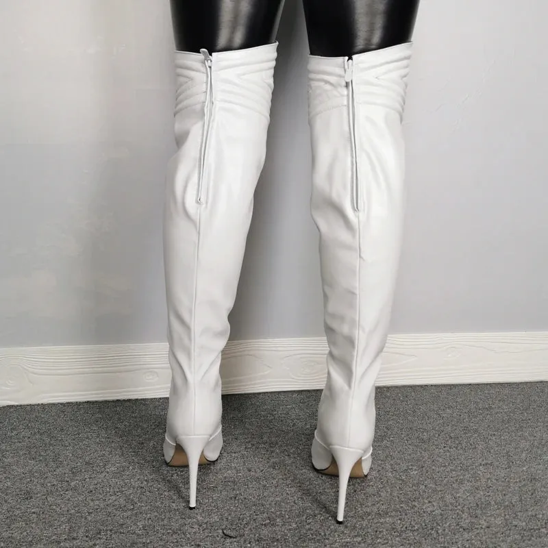 TAVIMART  -  White Geomatric  Embossed Leather Pointed Toe Knee Boots Slanting Opening Thin High Heel Boots Female Fashion Boots