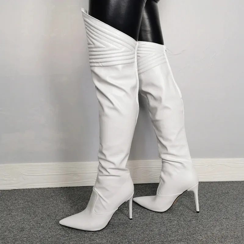 TAVIMART  -  White Geomatric  Embossed Leather Pointed Toe Knee Boots Slanting Opening Thin High Heel Boots Female Fashion Boots