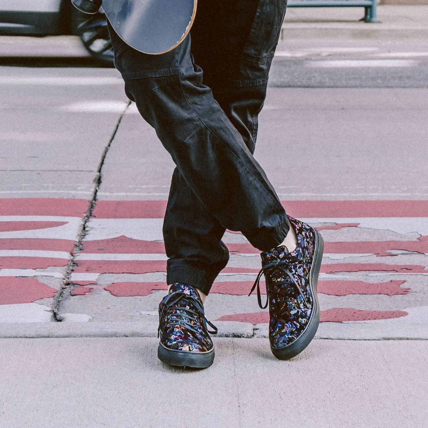 Valencia - Black Flower - Men's nubuck leather rubber soles trainer in black flower