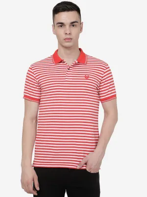 White & Orange Striped Slim Fit Polo T-Shirt | Greenfibre