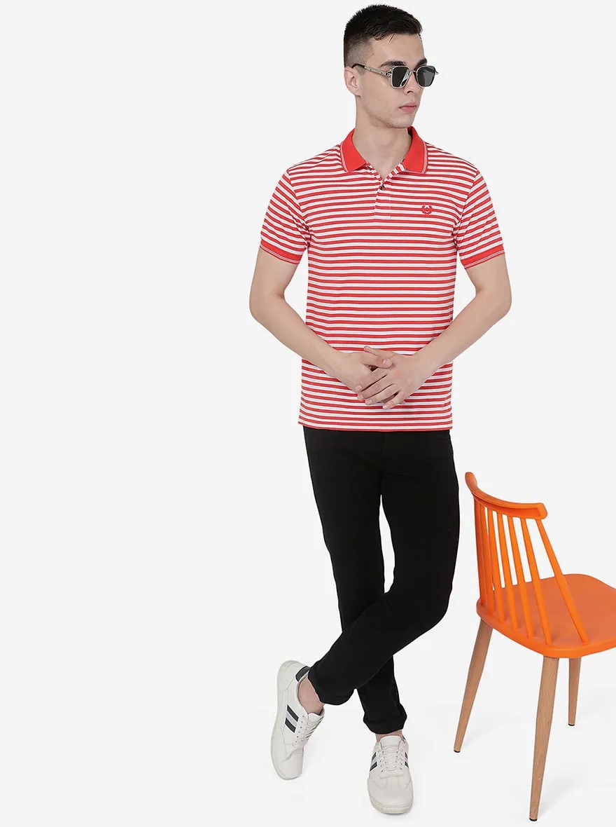 White & Orange Striped Slim Fit Polo T-Shirt | Greenfibre