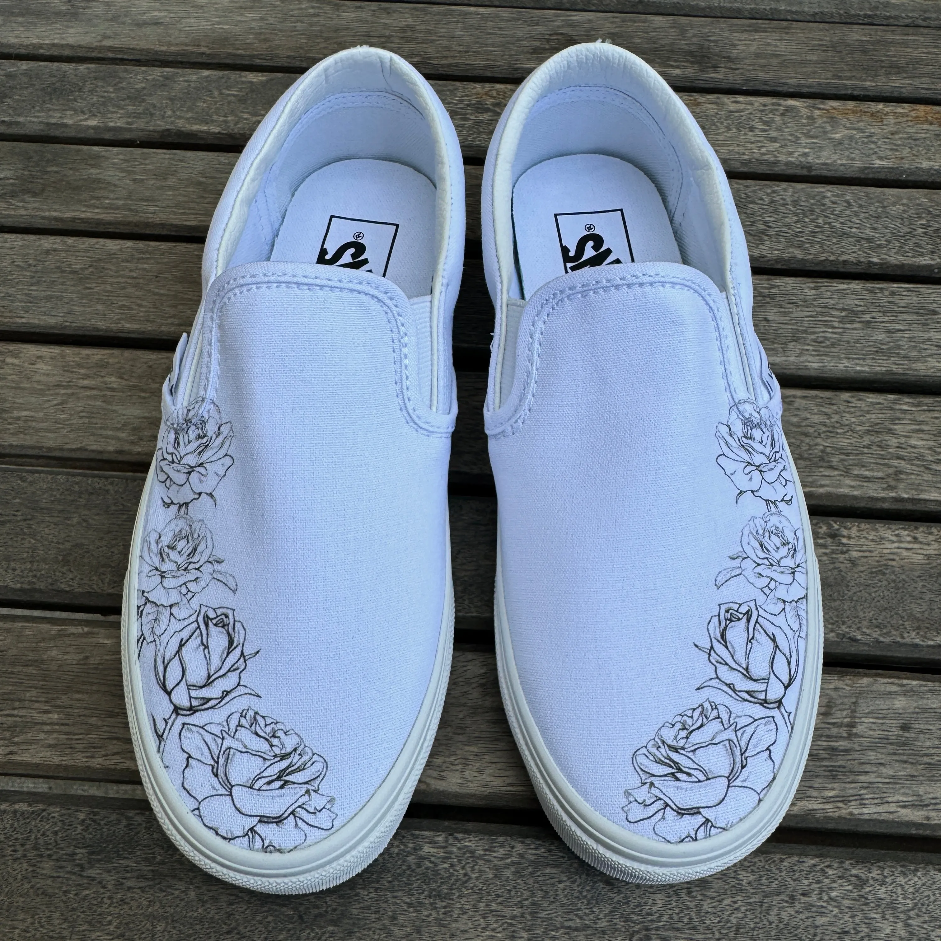 White Black Rose Flower - Wedding Custom Slip On Vans Bridal Shoes Wedding Sneakers Wedding Shoes for Bride Shoes for Groom Maid of Honor