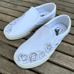 White Black Rose Flower - Wedding Custom Slip On Vans Bridal Shoes Wedding Sneakers Wedding Shoes for Bride Shoes for Groom Maid of Honor