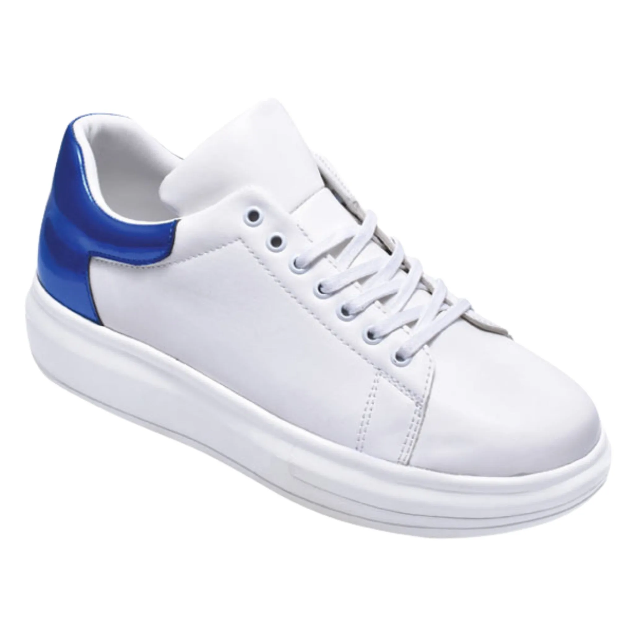 White Leather Sneakers with Cobalt Blue Accent – Versatile Prom Eleganc