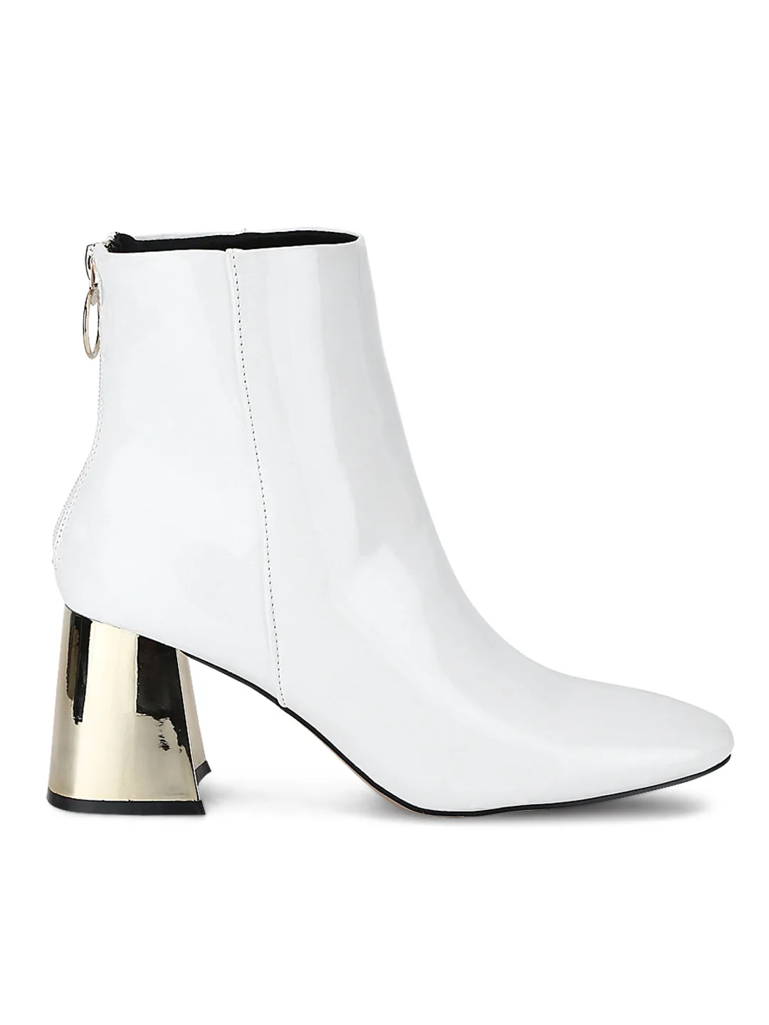 White Patent Golden Block Heel Back Zipper Ankle Length Boots